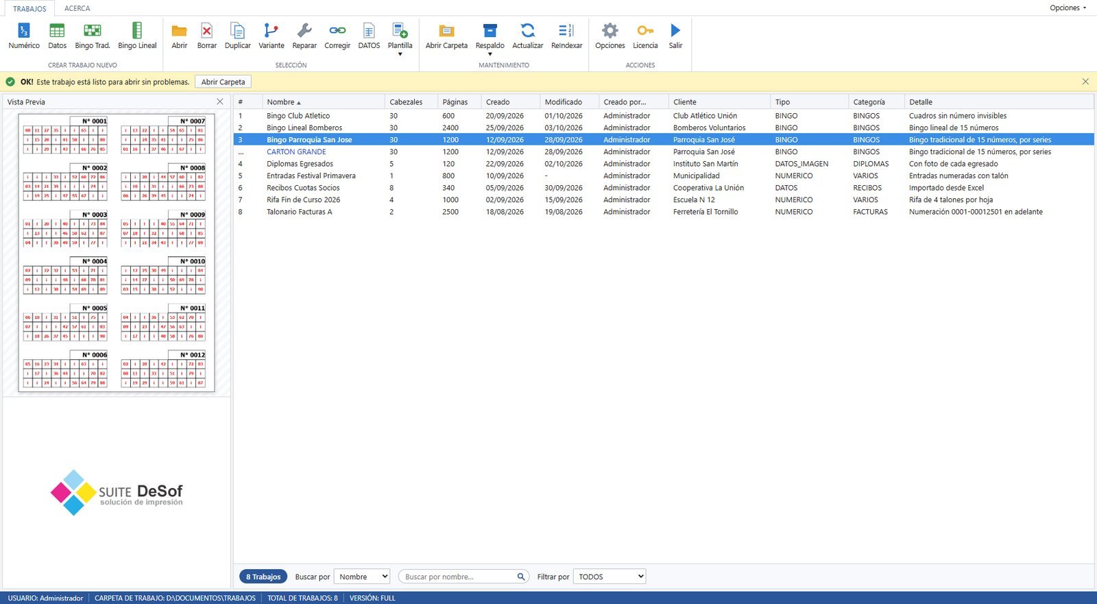 Ventana principal de SUITE DeSof con la lista de trabajos y la vista previa de un bingo