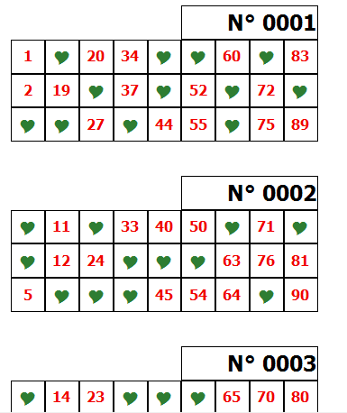 Cartones impresos con corazones verdes en los cuadros sin número